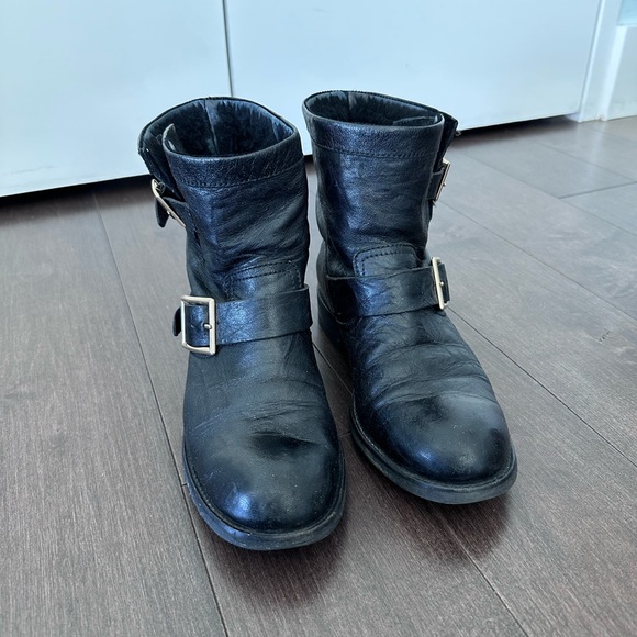 Jimmy Choo Youth Buckled Crinkled-Leather Black Ankle Boots Size 37 - Picture 1 of 8